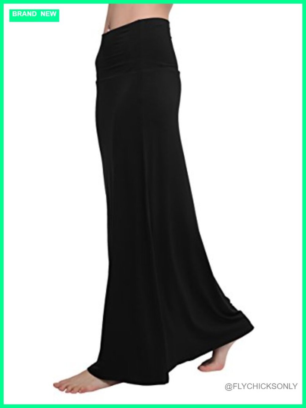High Waist Fold-Over Flared Maxi Skirt Stretchy Comfy Long Skirt